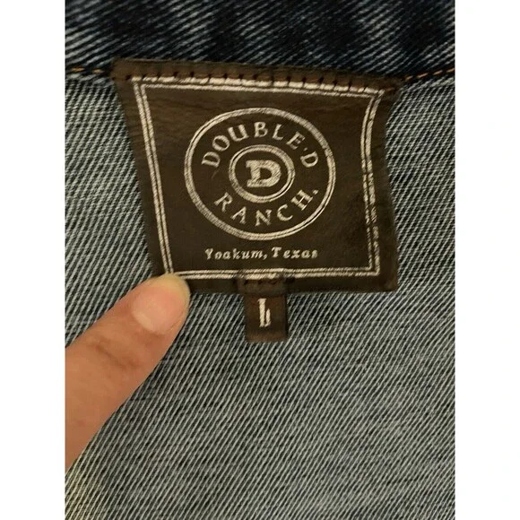 Double D Ranch Women’s Denim Jacket Flag USA Size Large Blue